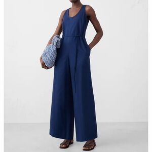 Banana Republic Factory Blue Linen Wide Leg Jumpsuit Size S Tie Waist Minimalist
